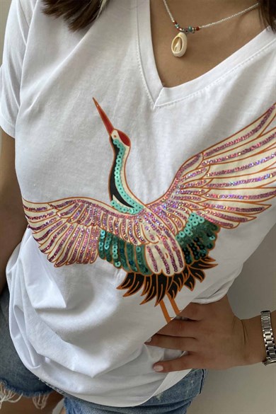 Renkli Leylek Desen Tasarım Tişört