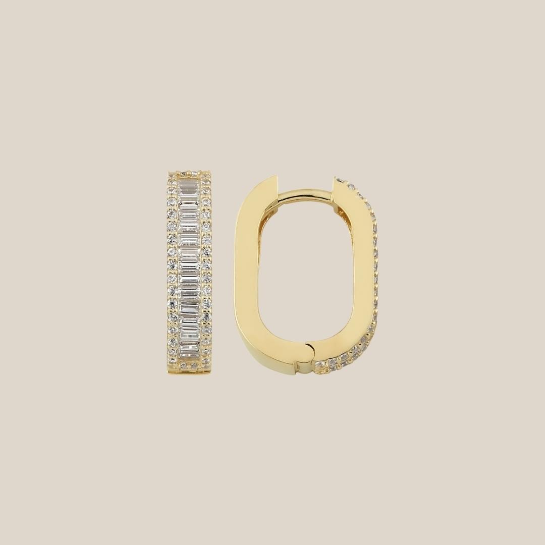 Oval Baget Kristal Altın Küpe