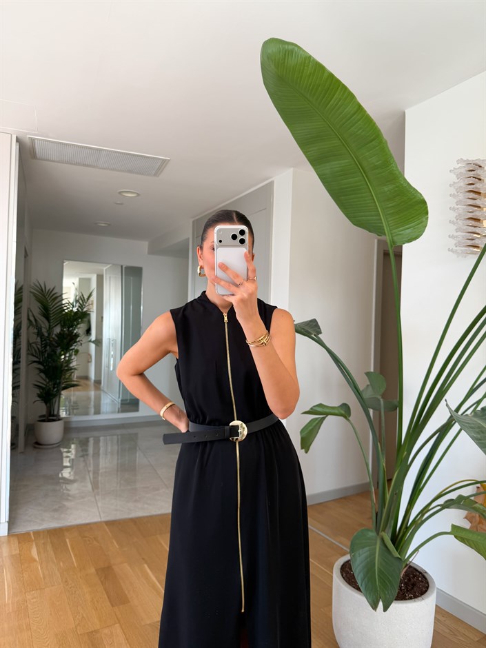  Adeliza Fermuarlı Kemerli Elbise - Siyah