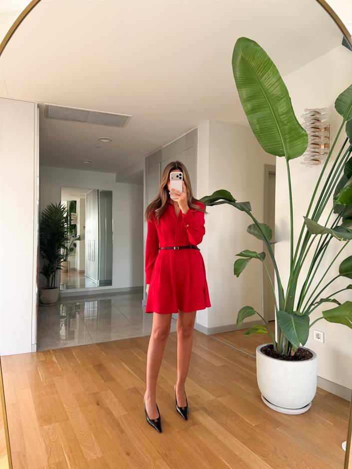  Elvis Kemerli Mini Elbise - Kırmızı