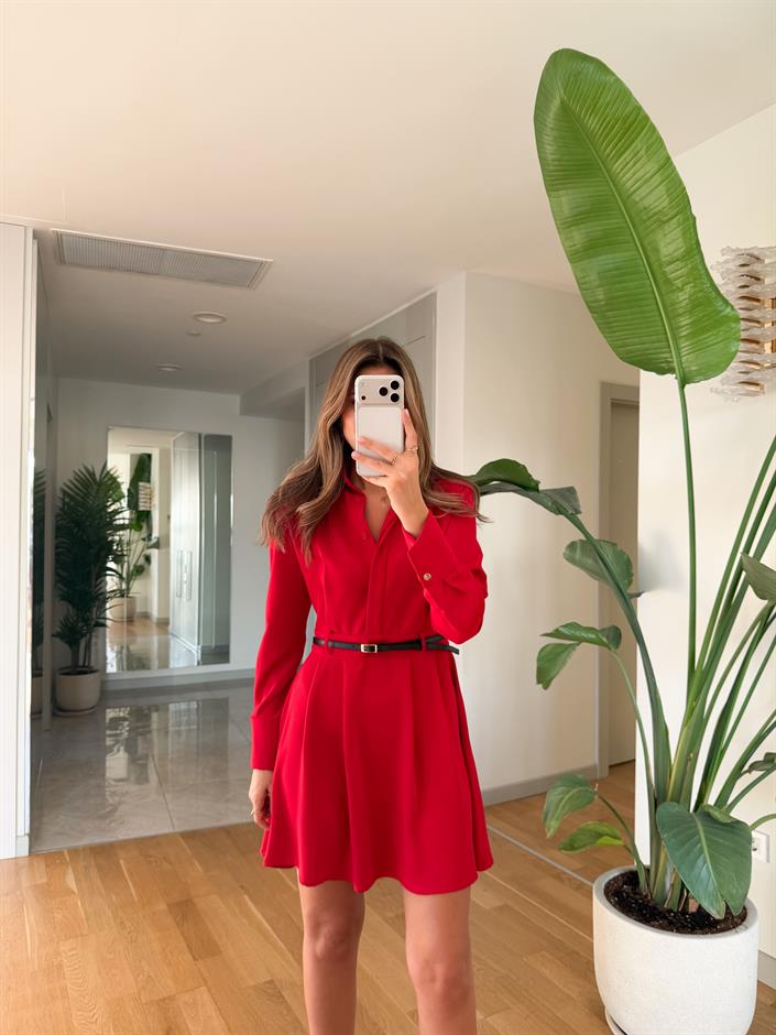  Elvis Kemerli Mini Elbise - Kırmızı