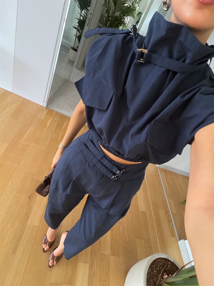  Kemer Detaylı Crop Bluz Pantolon Takım - Lacivert