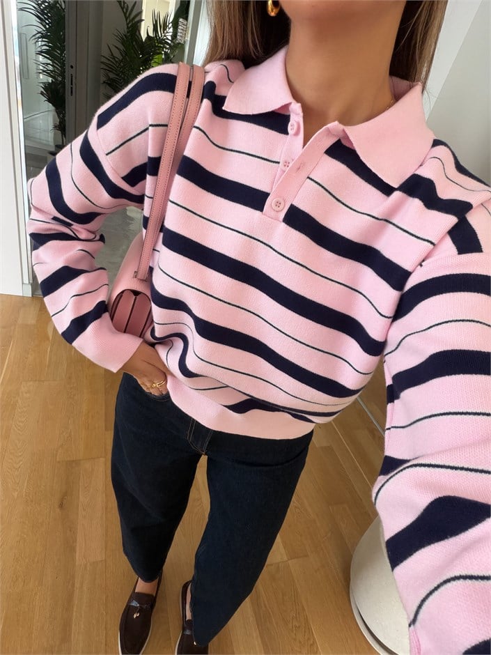  Polo Yaka Düğmeli Triko Bluz - Pembe