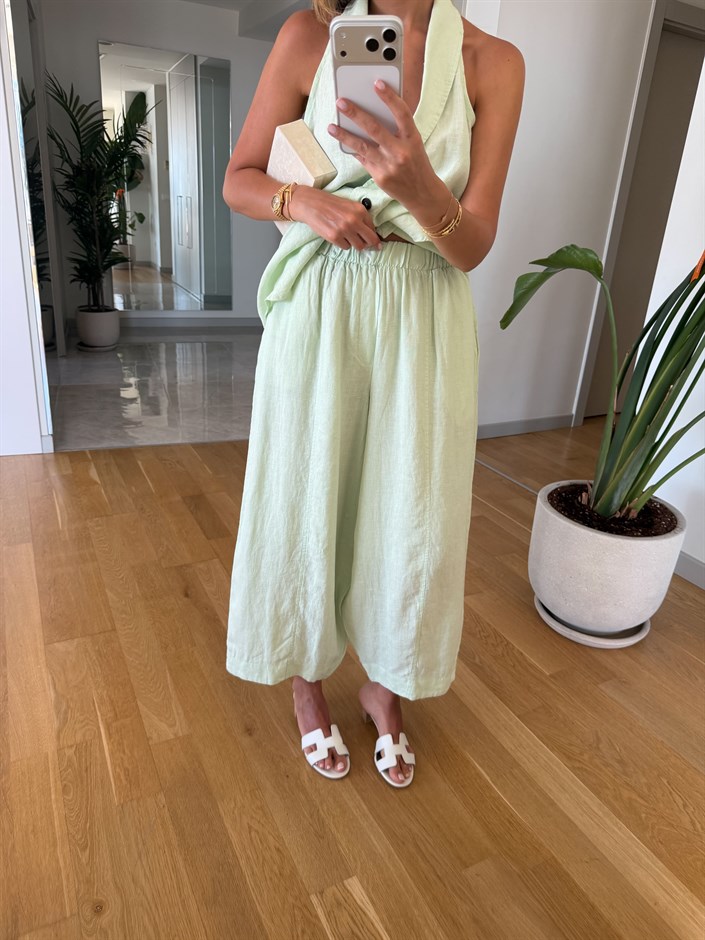 %100 Keten Yelek Pantolon Takım - Mint 