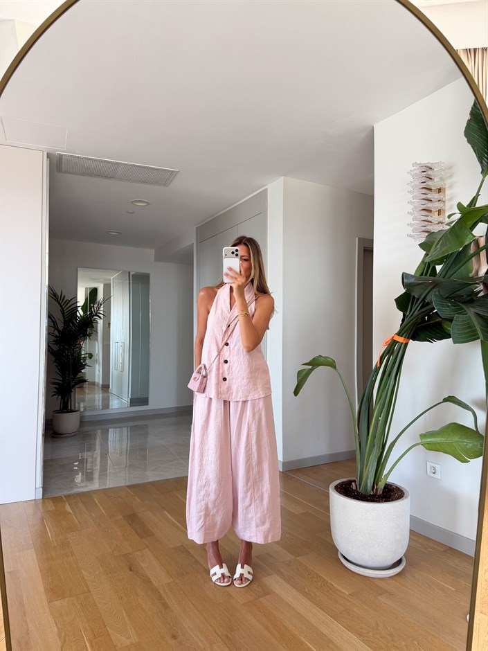 %100 Keten Yelek Pantolon Takım - Pembe 
