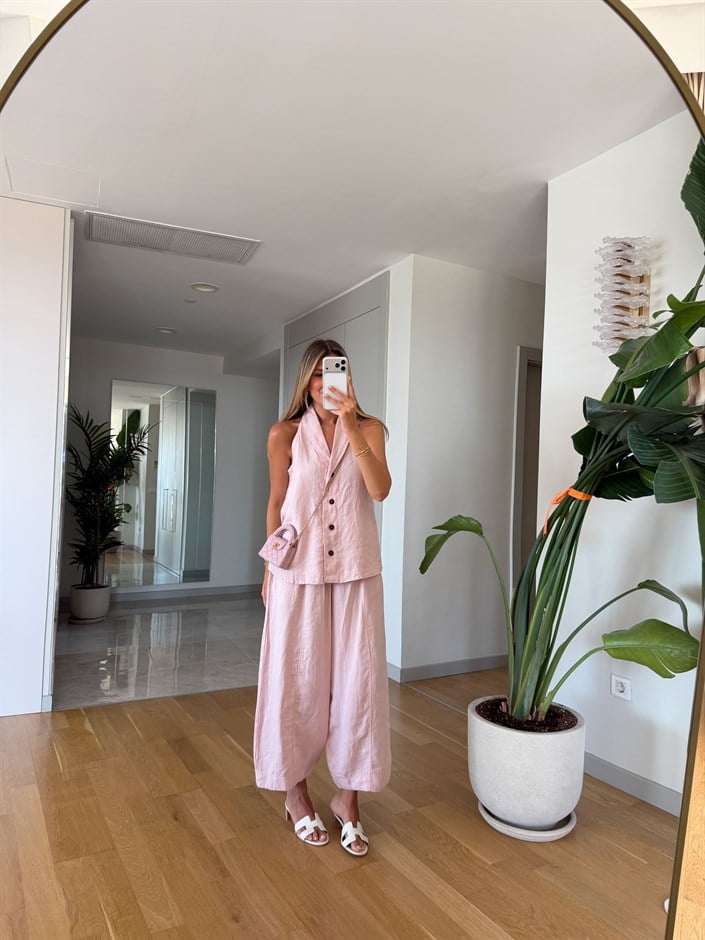 %100 Keten Yelek Pantolon Takım - Pembe 