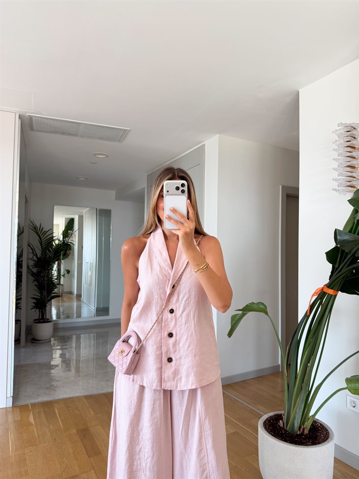 %100 Keten Yelek Pantolon Takım - Pembe 