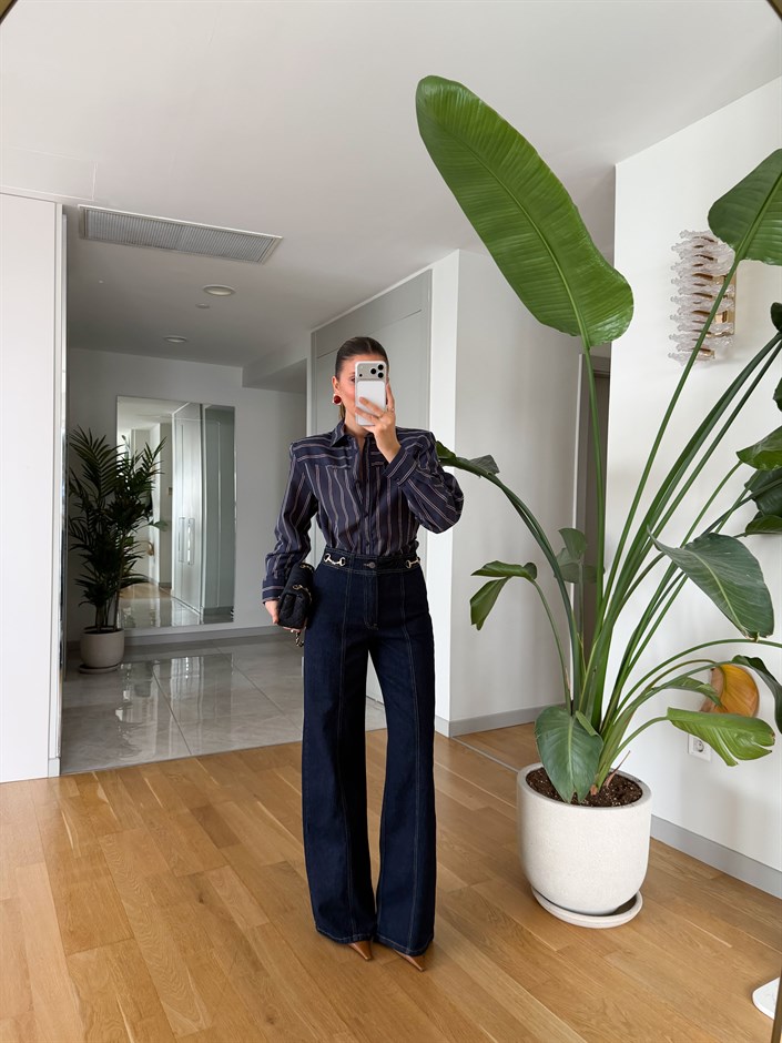 Aksesuar Detaylı Wide Leg Jean - Koyu Lacivert 