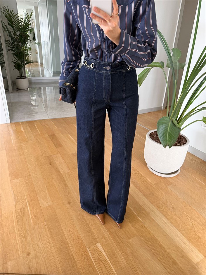Aksesuar Detaylı Wide Leg Jean - Koyu Lacivert 