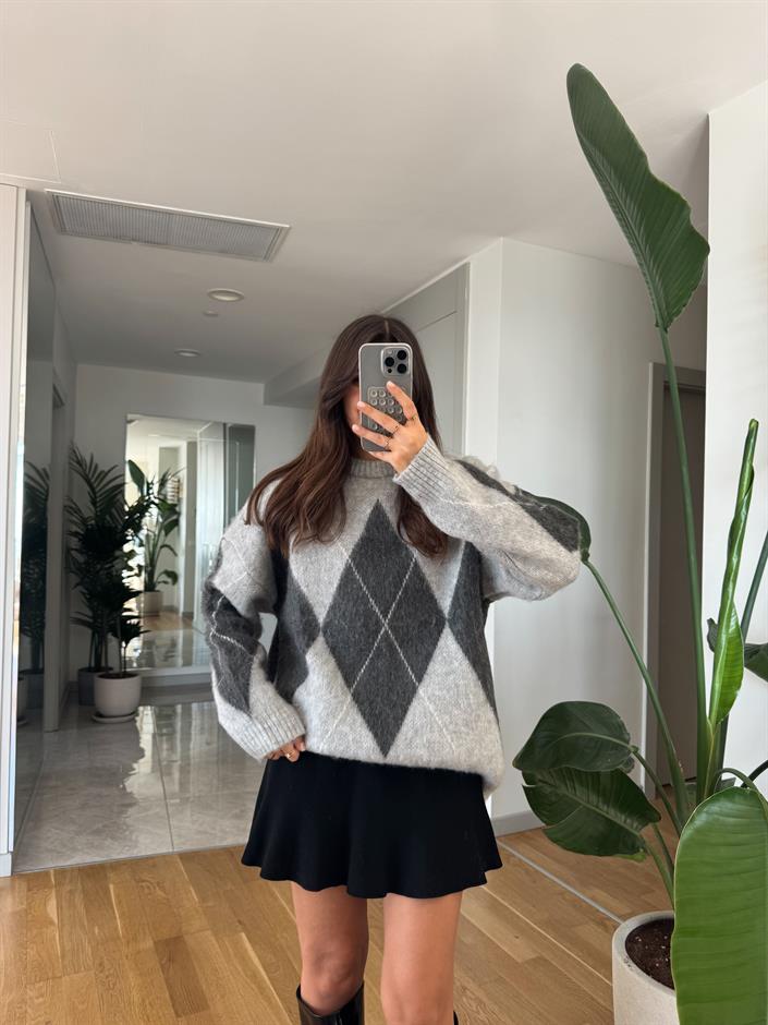 Alesta Gri Antrasit Baklava Desen Tüylü Kazak