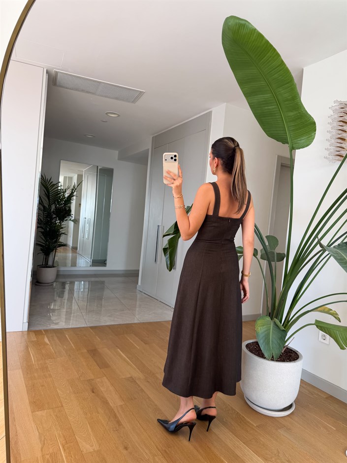 Alice Kare Yaka Midi Elbise - Kahve