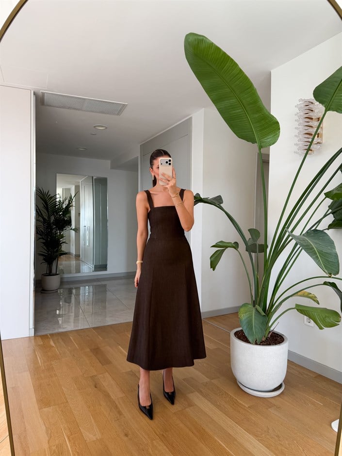 Alice Kare Yaka Midi Elbise - Kahve