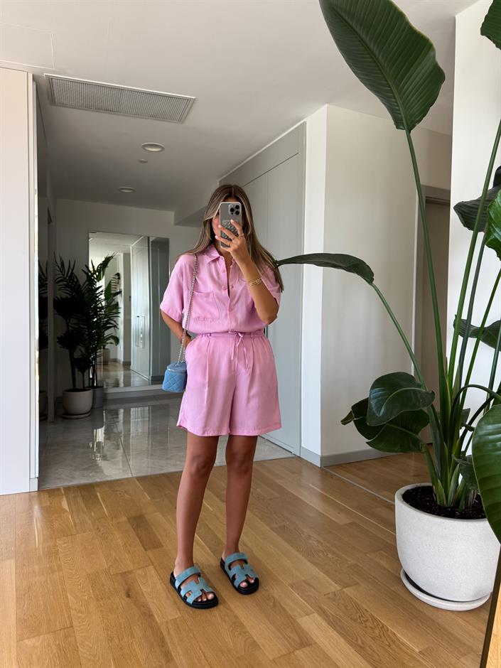 Amelia Tensel Şortlu Takım - Pembe