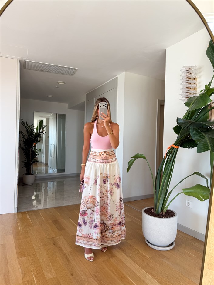 Amira Çiçek Desenli Maxi Etek - Ekru