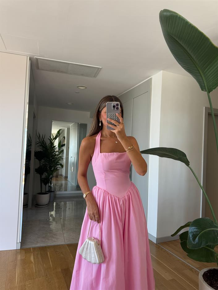 Amore Boyundan Bağlamalı Volanlı Midi Elbise - Pembe