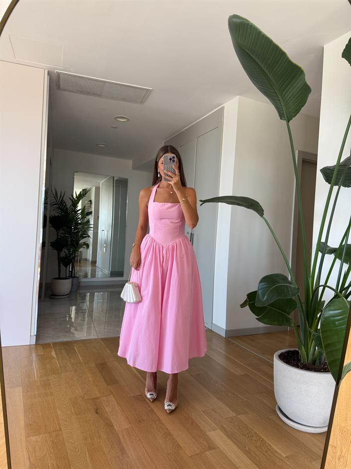 Amore Boyundan Bağlamalı Volanlı Midi Elbise - Pembe
