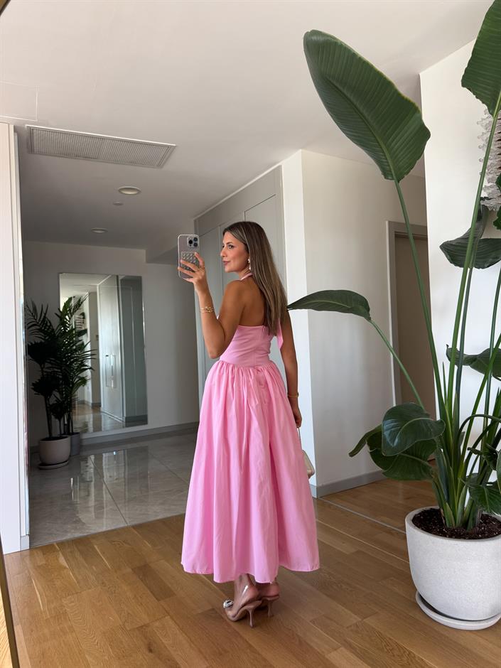 Amore Boyundan Bağlamalı Volanlı Midi Elbise - Pembe