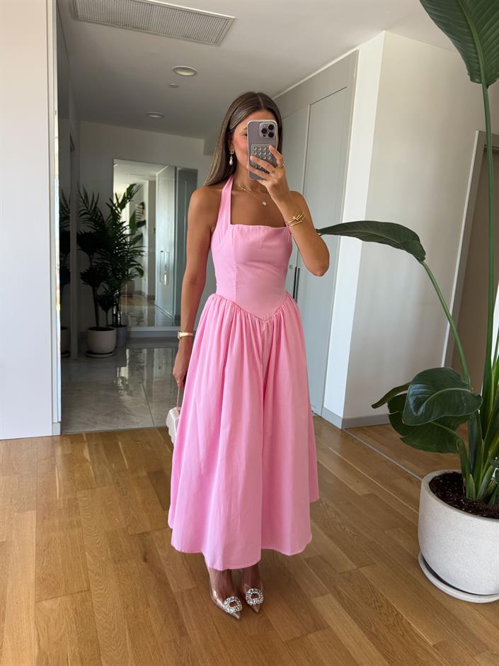 Amore Boyundan Bağlamalı Volanlı Midi Elbise - Pembe