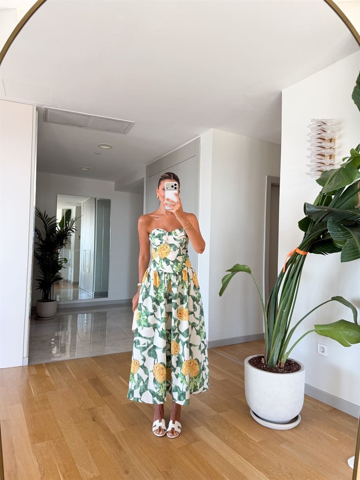 Ananas Desenli Straplez Elbise