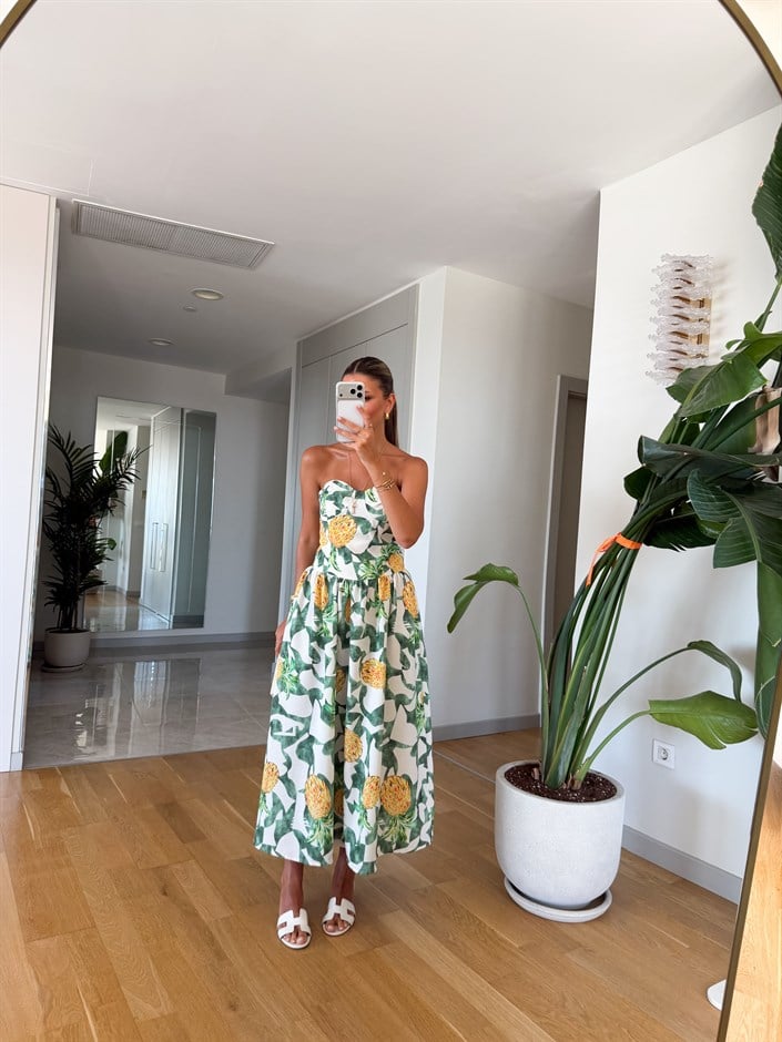 Ananas Desenli Straplez Elbise