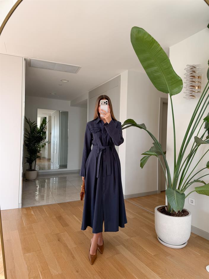 Andel Nakış Detaylı Cepli Midi Elbise - Lacivert