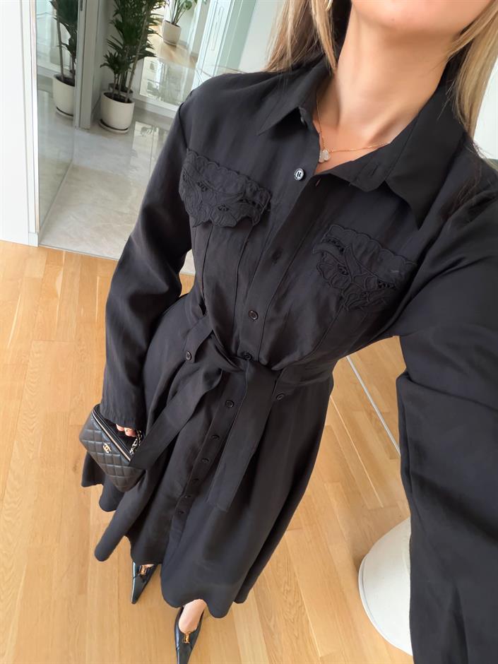 Andel Nakış Detaylı Cepli Midi Elbise - Siyah