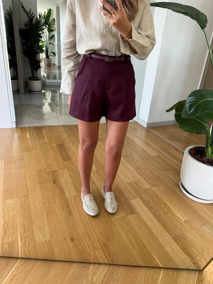 Andy Pamuk Keten Şort - Mürdüm