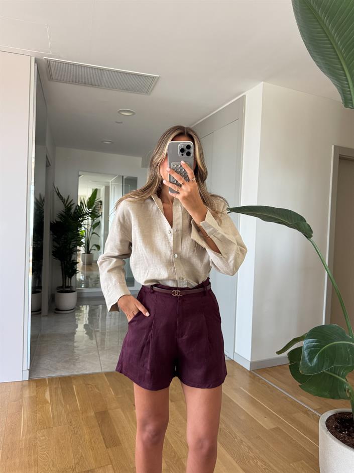 Andy Pamuk Keten Şort - Mürdüm