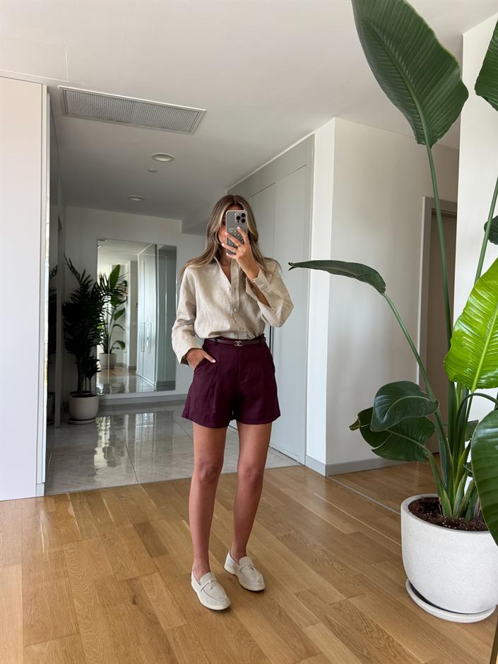 Andy Pamuk Keten Şort - Mürdüm