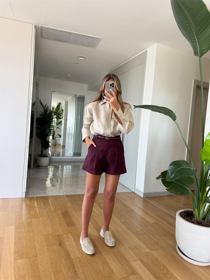 Andy Pamuk Keten Şort - Mürdüm