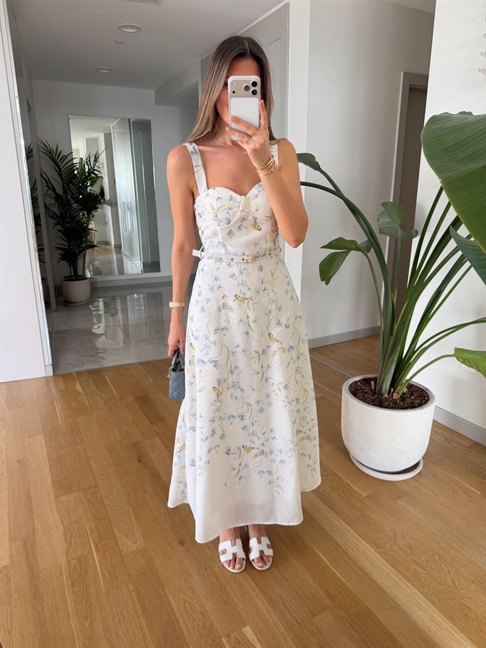 Anora Kemerli Midi Boy Elbise - Beyaz