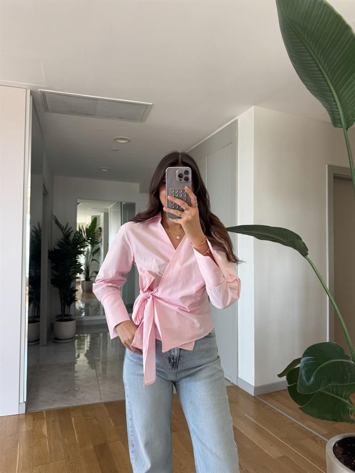 Anvelop Bağlamalı Poplin Gömlek - Pembe