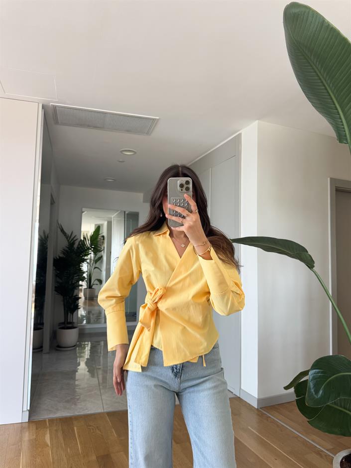 Anvelop Bağlamalı Poplin Gömlek - Sarı