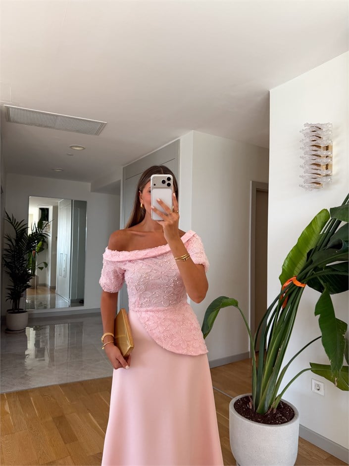 Aplikeli Kombinasyonlu Elbise - Pembe