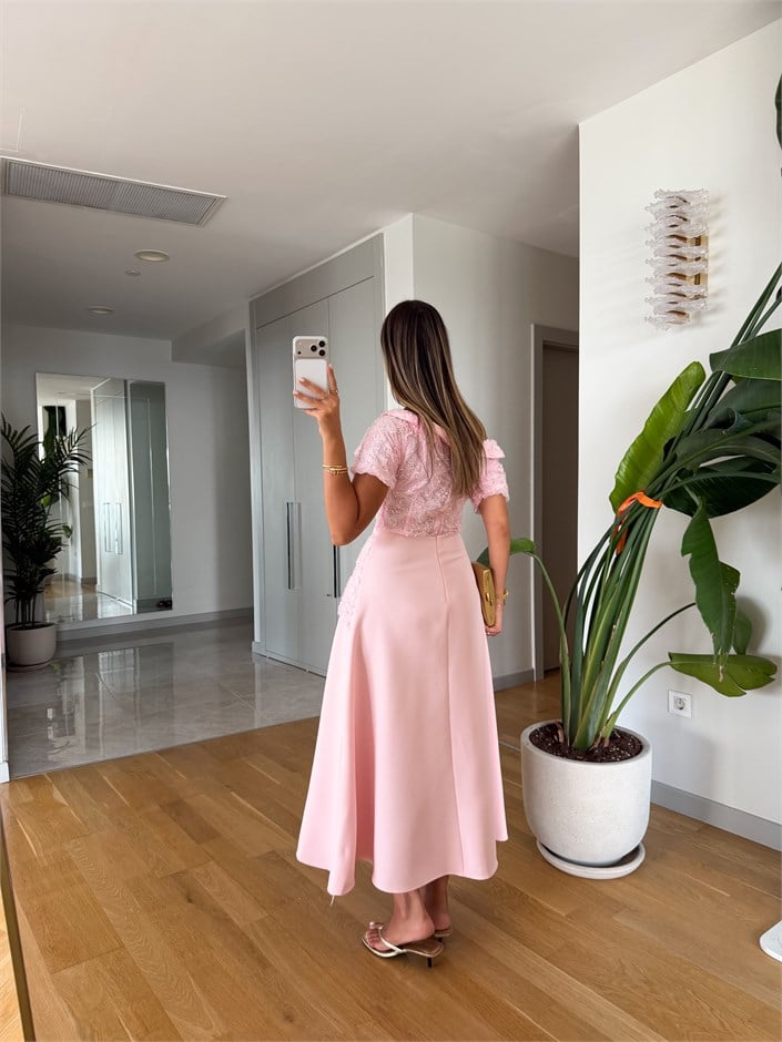 Aplikeli Kombinasyonlu Elbise - Pembe