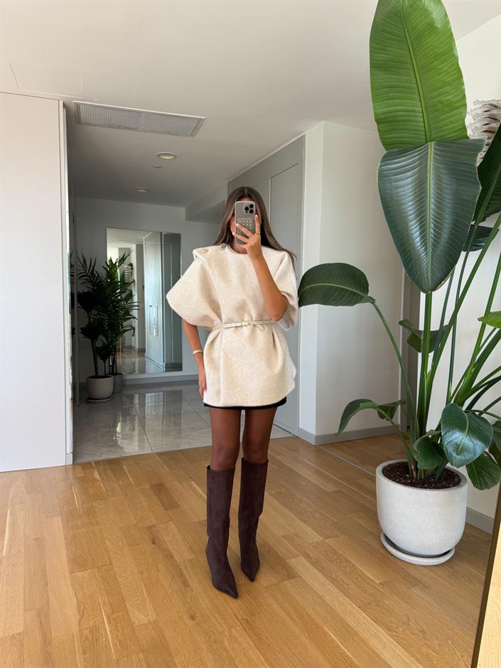 Apoletli Kemerli Kürk Panço - Ekru 