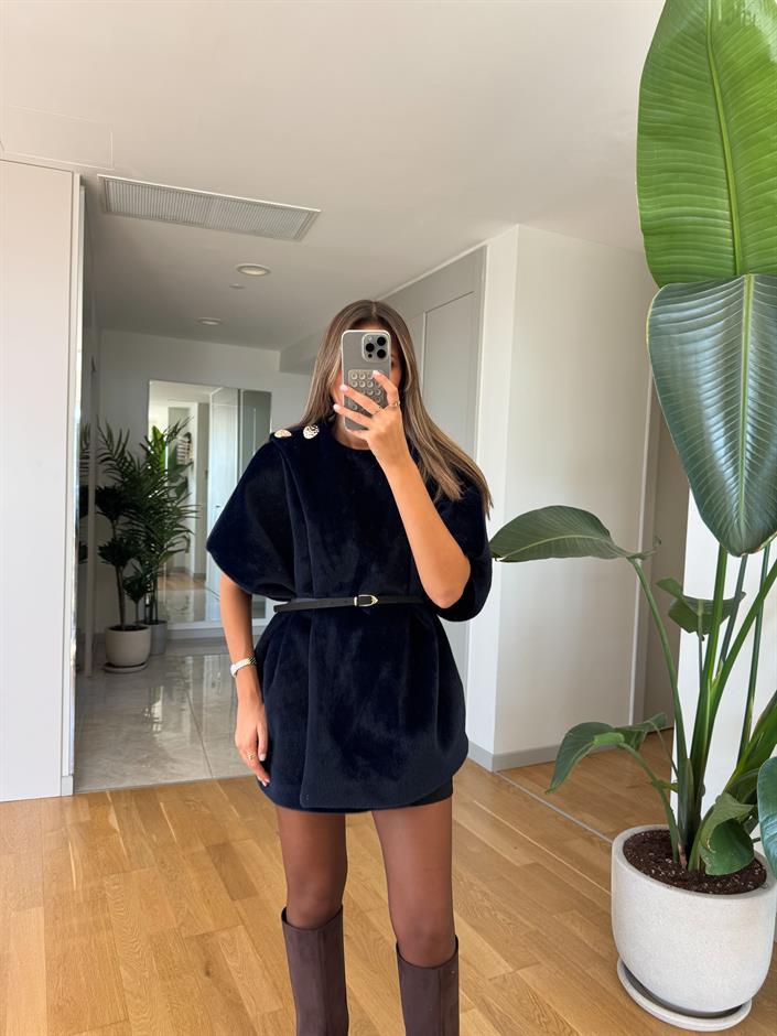 Apoletli Kemerli Kürk Panço - Lacivert