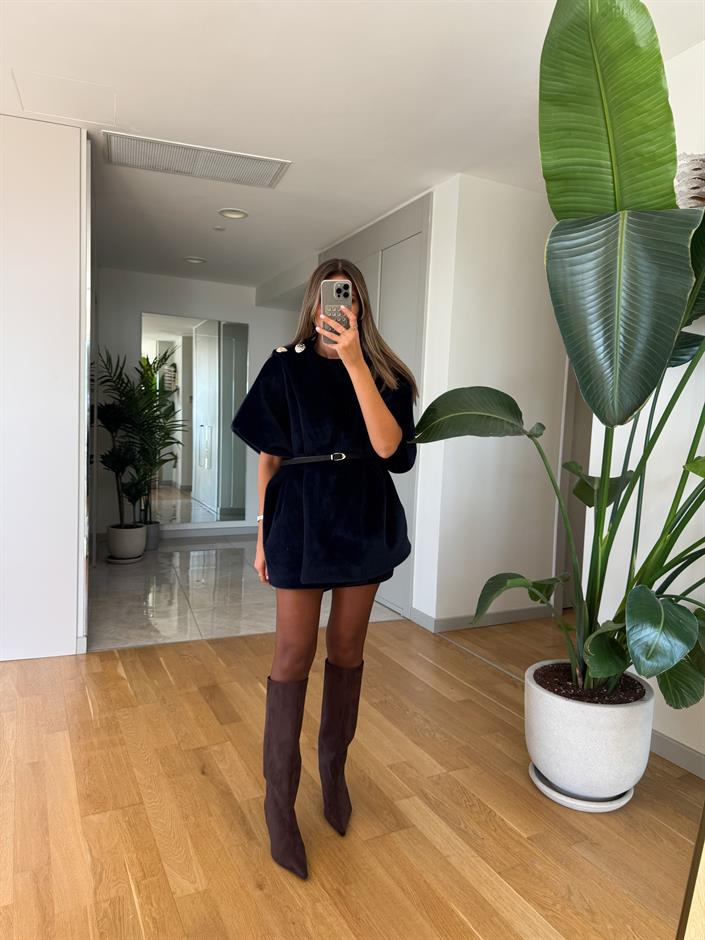 Apoletli Kemerli Kürk Panço - Lacivert