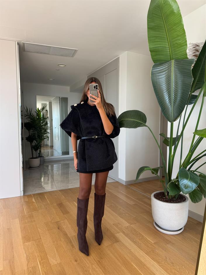 Apoletli Kemerli Kürk Panço - Siyah