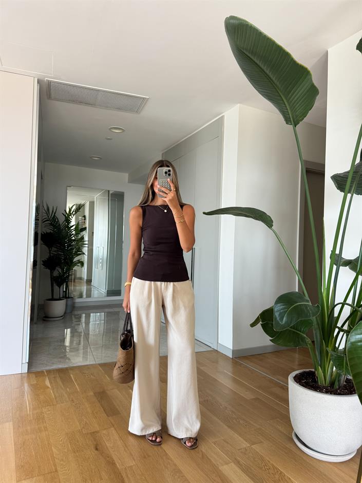 Aria Beli Lastikli Pantolon - Taş