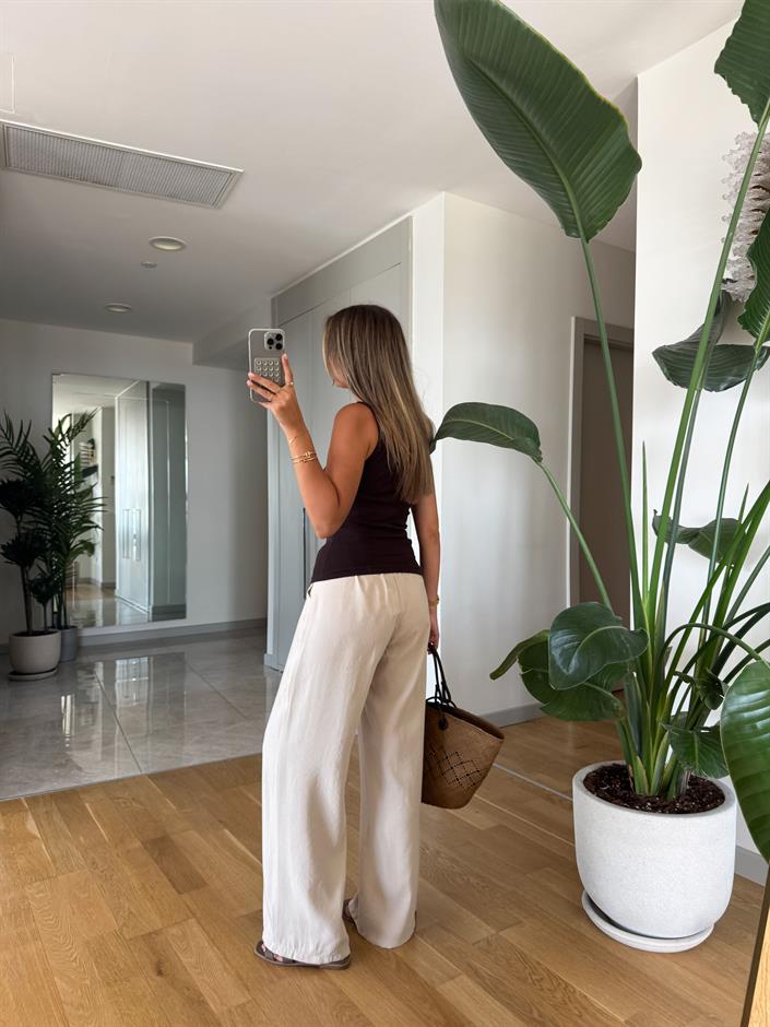 Aria Beli Lastikli Pantolon - Taş