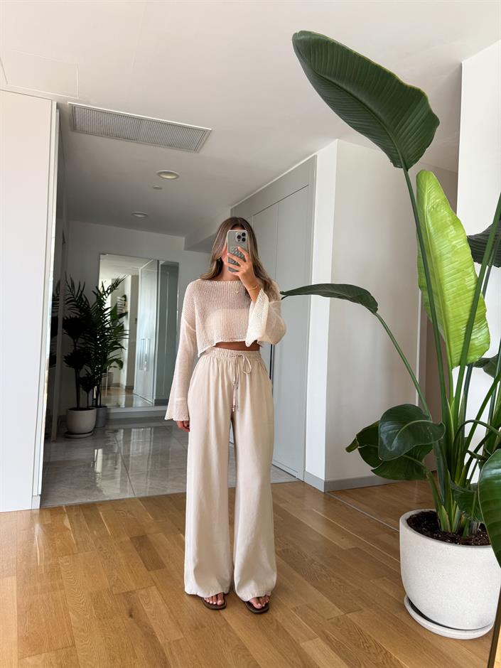 Aria Beli Lastikli Pantolon - Taş