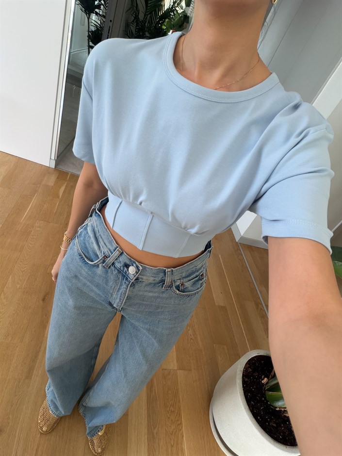 Beli Korseli Basic Tişört-Bebe Mavi