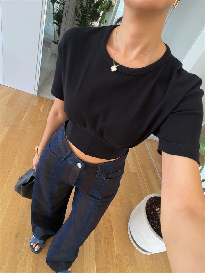 Beli Korseli Basic Tişört-Siyah