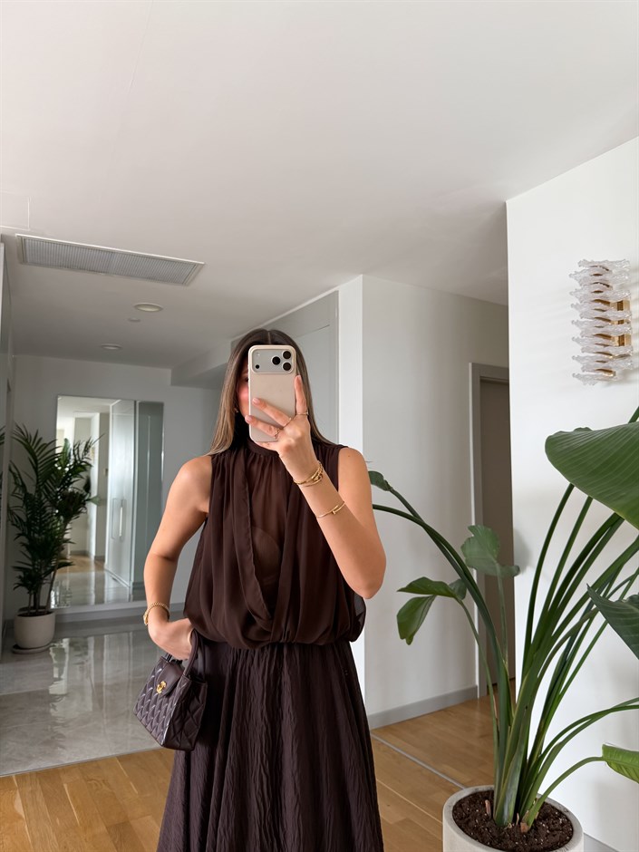 Army Dik Yaka Şifon Bluz - Kahve