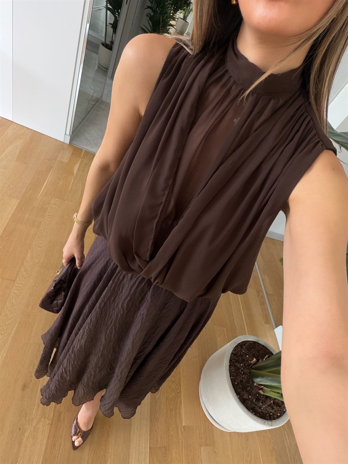 Army Dik Yaka Şifon Bluz - Kahve