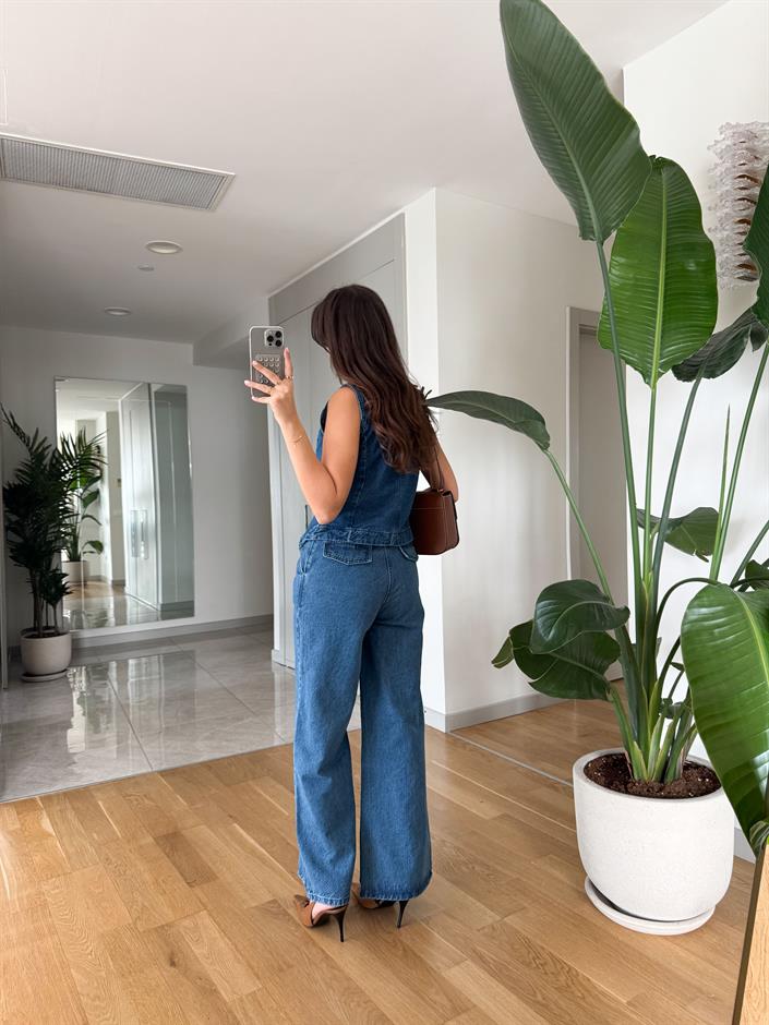Asimetrik Düğme Yelekli Denim Takım