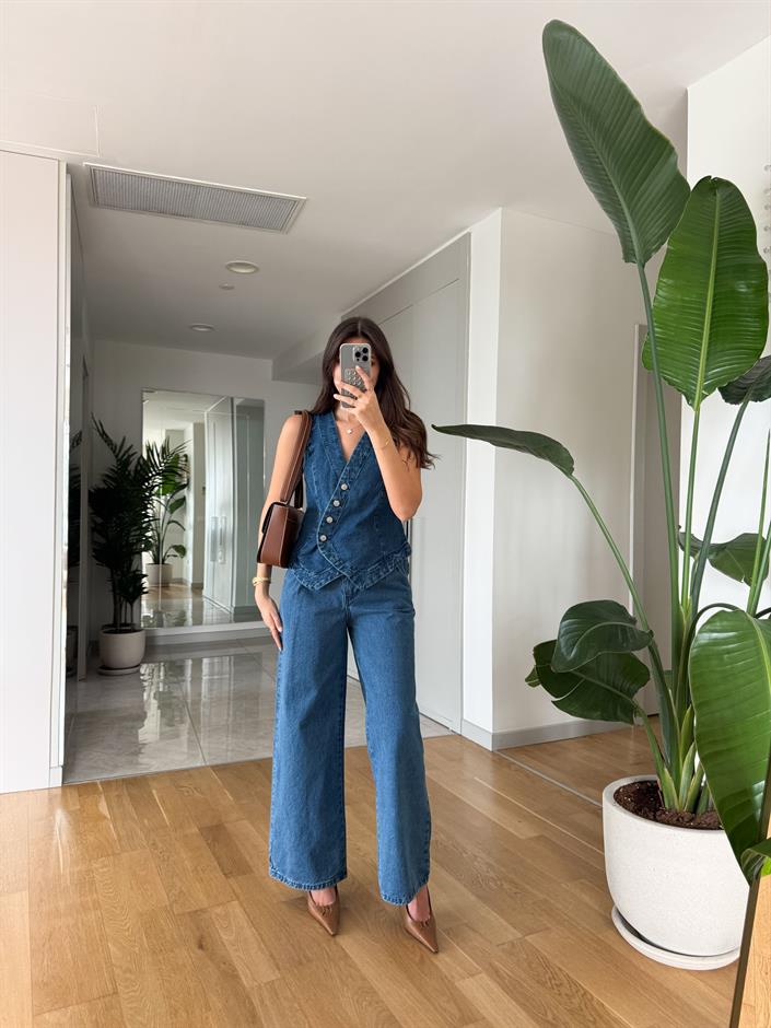 Asimetrik Düğme Yelekli Denim Takım