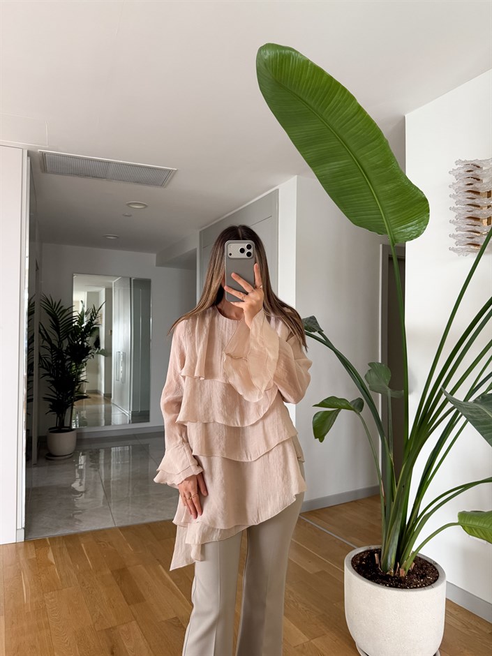 Asimetrik Kat Kat Bluz - Ekru 