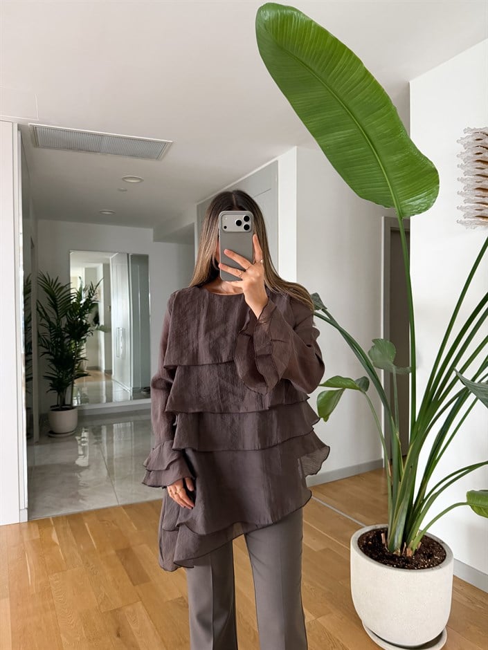 Asimetrik Kat Kat Bluz - Kahve